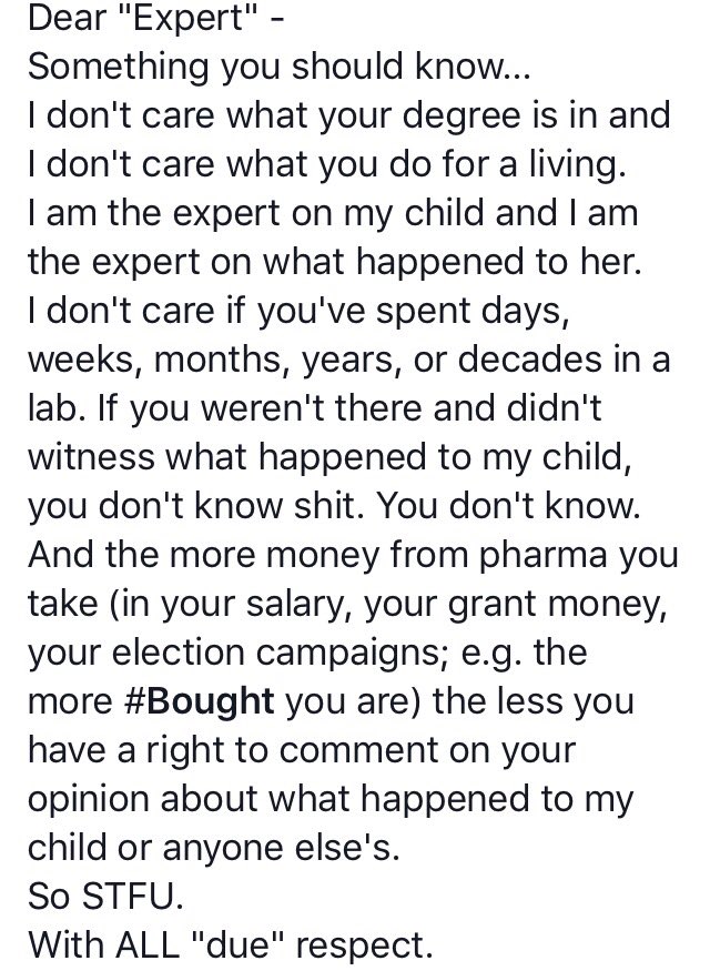 betsyclark's tweet photo. When ur child is #vaccineinjured in front of your eyes, #controlledstudies in #sterilelabs don't stand for much #MPT https://t.co/XZlBuWzfBO
