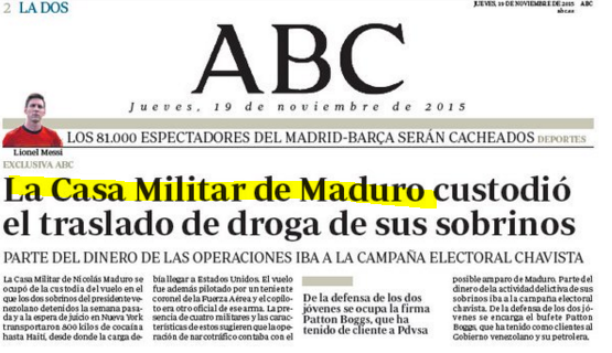 DolarToday's tweet photo. ¡CONTINÚAN LOS ESCÁNDALOS! Es la primera plana de ABC este #19N por eso Maduro esta tan calladito. #NarcoEstado https://t.co/giR9HHpoVX