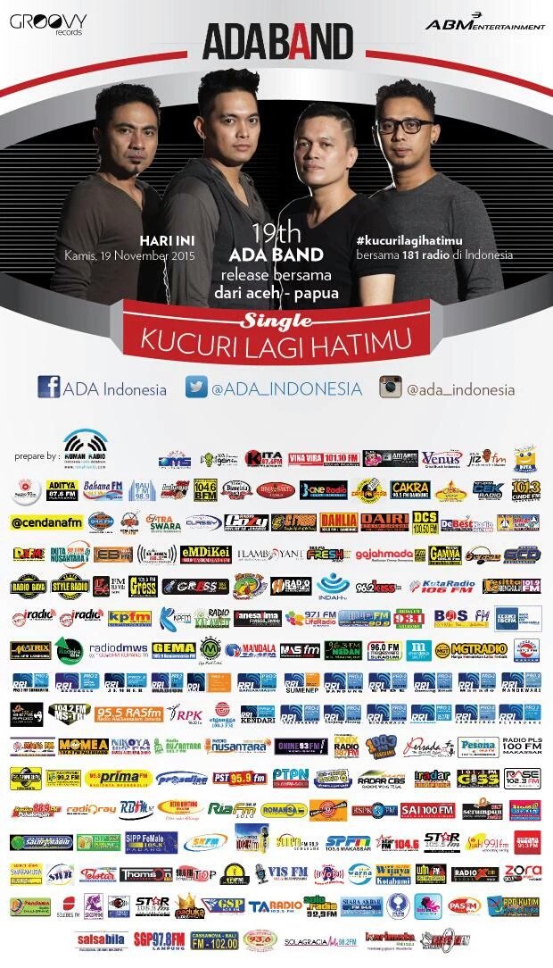 ADA_INDONESIA's tweet photo. HARI INI pemutaran perdana single terbaru ADABAND di Radio2 Indonesia. 
Selamat mendengarkan 🙌📻🎼🎶 #kucurilagihatimu https://t.co/jE9FpxIHxU