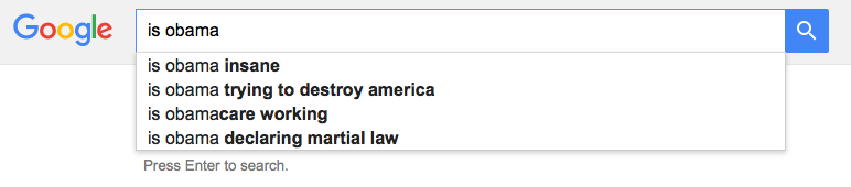 BreitbartJr's tweet photo. Challenge: Go to Google, type in "Is Obama", paste results of the auto-filled searches using #IsObama https://t.co/vhcCTB6AdZ