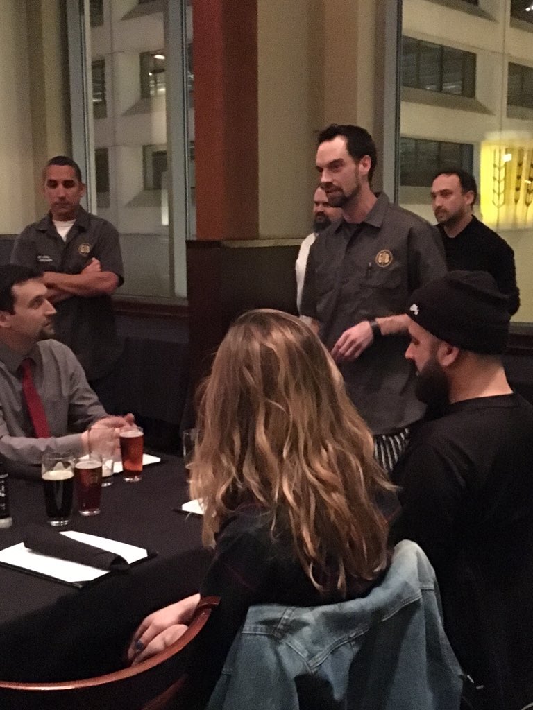 GBSeattle1's tweet photo. Our GM Gary, Chef Immanuel, and Brewer Eddie drop the first course and give a welcome to our diners #gbbrewersdinner https://t.co/reiFEliP9D