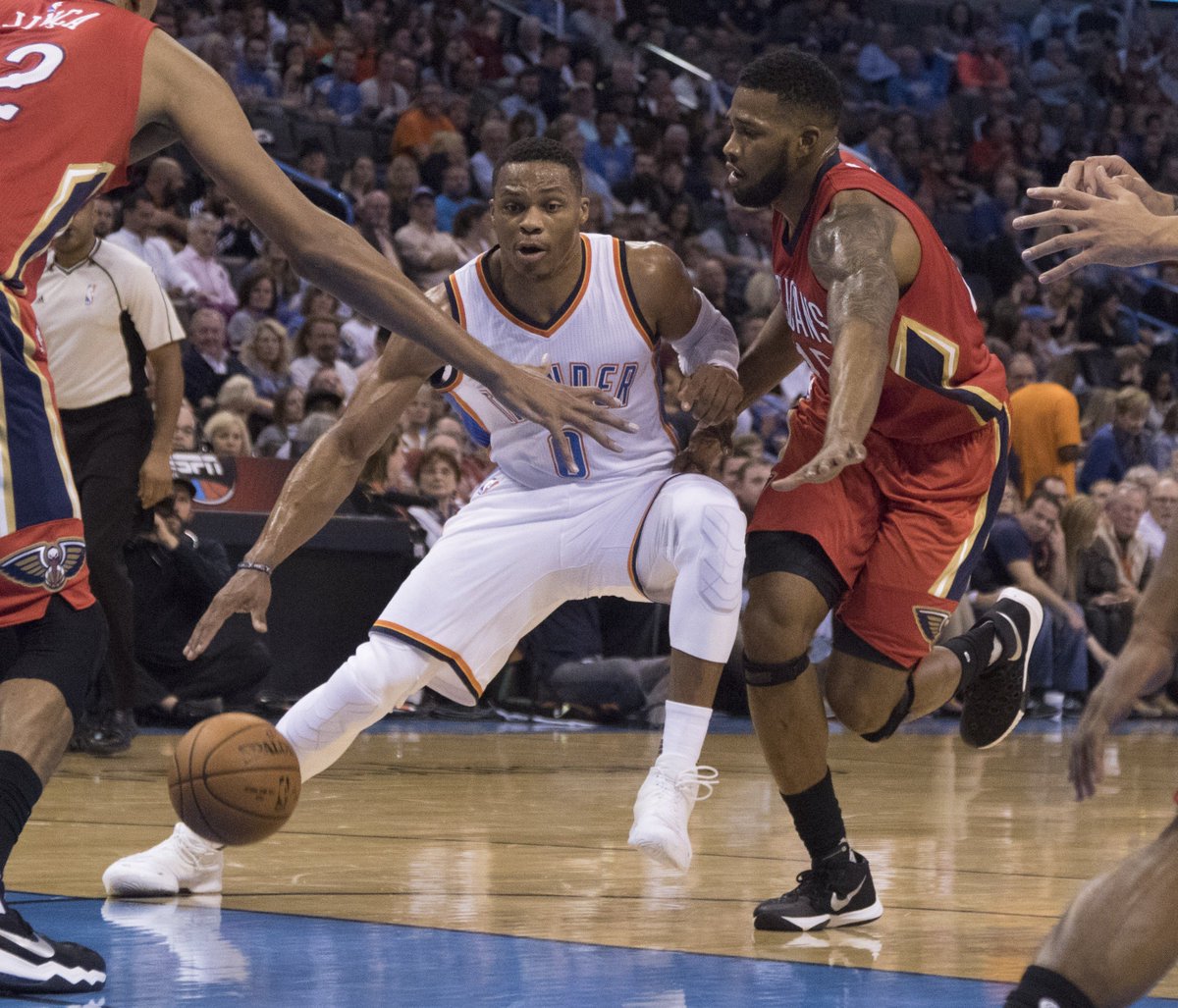 NBA's tweet photo. .@okcthunder prevail 110-103 on @russwest44's huge 43-point performance. Anderson finished with 30 for @PelicansNBA. https://t.co/DFcvFa1nVF