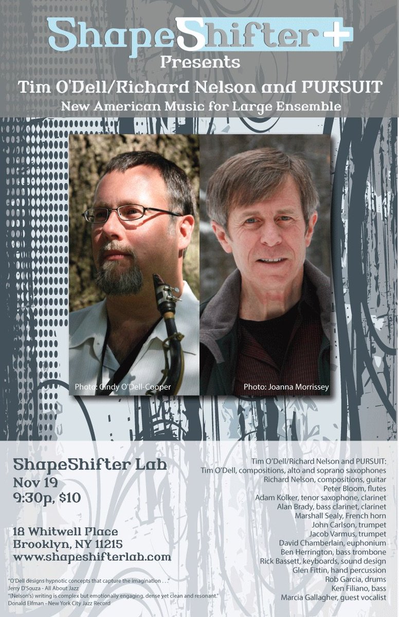 RNelsonSounds's tweet image. Large ensemble hit at @ShapeShifterLab - Thurs, 11/19, 9:30. Tim O’Dell/Richard Nelson and PURSUIT #ShapeShifterLab