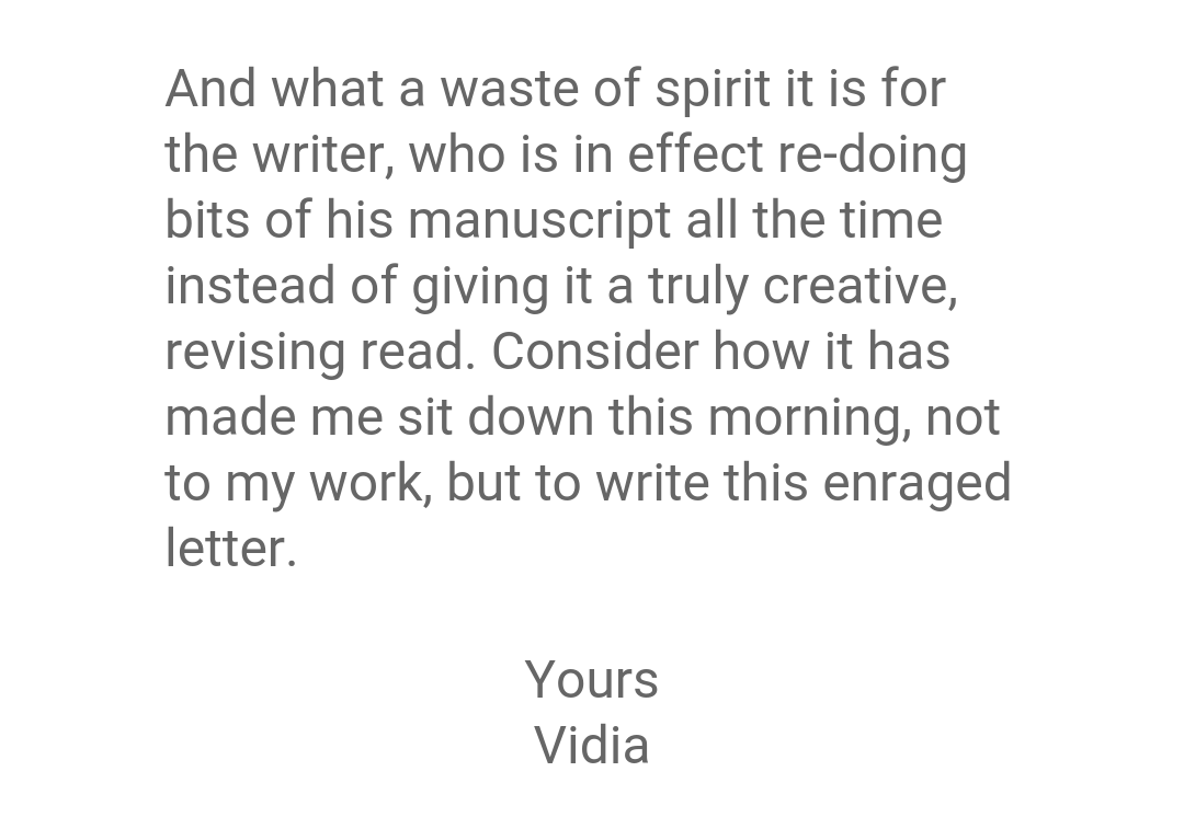 V.S.Naipaul writes to Sonny Mehta of Knopf abt a copy editor who took it upon themselves to correct his text.