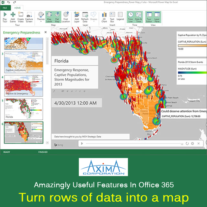AximaCorp's tweet image. The latest version of Excel includes a cool new feature called the Power Map. #Axima #office365 #Microsoft