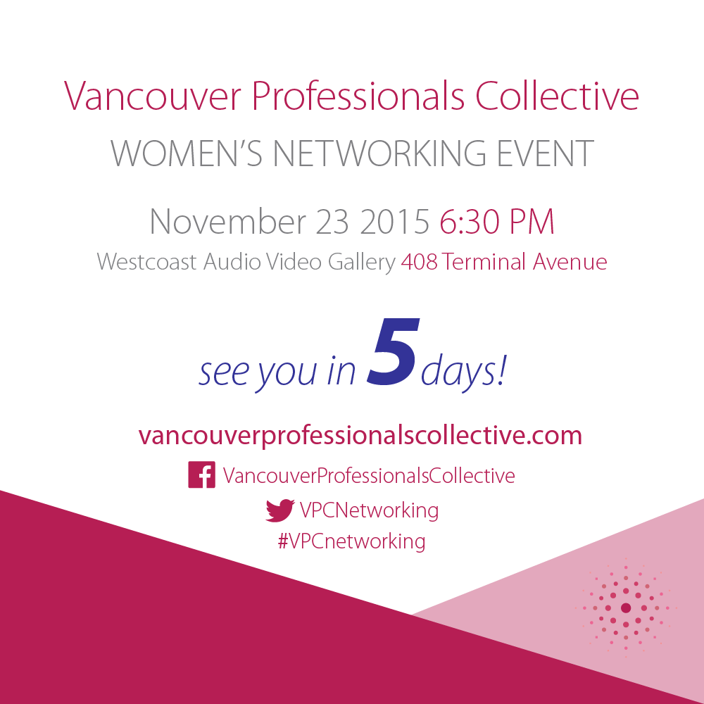 VPCNetworking's tweet photo. 5 more days! Don't miss the last #VPCNetworking event of the year! #networking #vancouver https://t.co/9hptZaquwX https://t.co/hqSJjwm4m5
