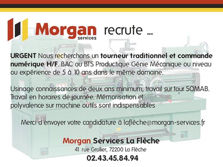 #intérim #cdd #cdi #emploi #morganservices #LaFlèche #Sarthe #tourneur #traditionnel #commandenumerique