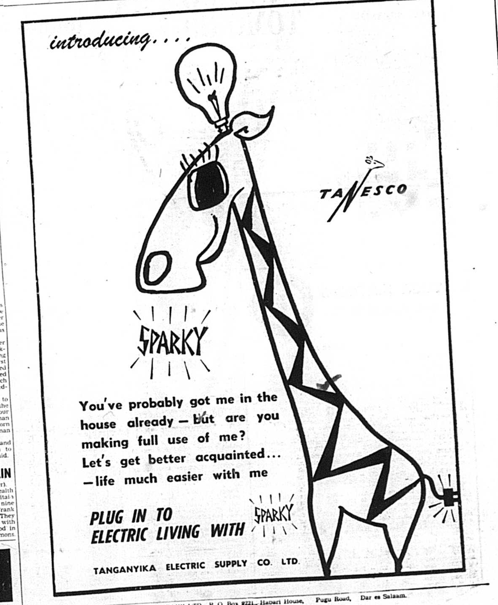 g_m_roberts's tweet photo. Electricity ad from the Nationalist, Tanzania, 1964: a plugged-in giraffe named Sparky with a lightbulb on its head https://t.co/2nJiv3GwGz