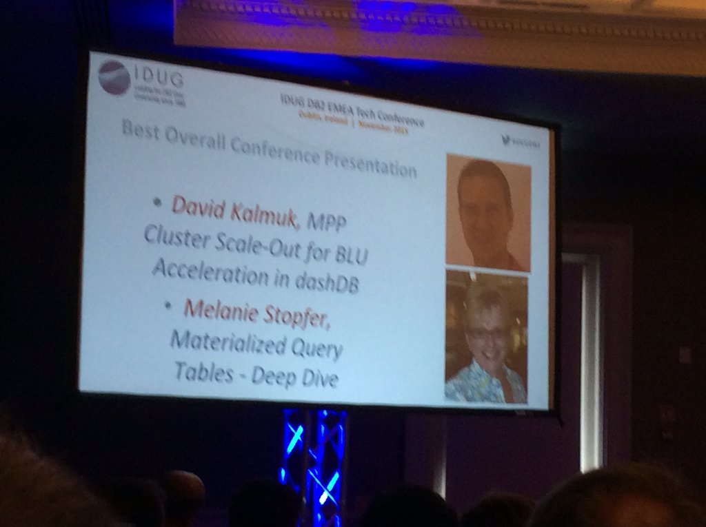 Congratulations to Best Overall Speakers #IDUG EMEA 2015 David Kalmuk and <a href="/mstopfer1/">Melanie Stopfer</a> #DB2 <a href="/IBM_DB2/">Candice E. Najera</a>