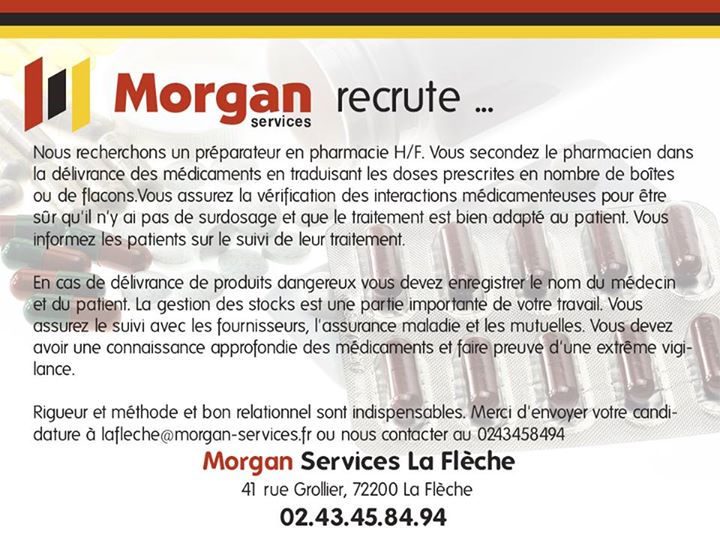 #intérim #cdd #cdi #emploi #morganservices #LaFlèche #Sarthe #Préparateur #Pharmacie