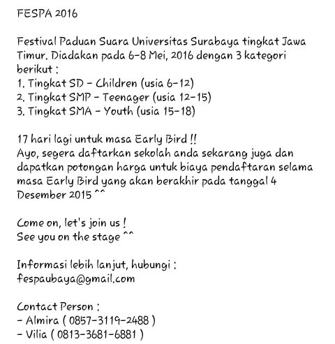 Informasi lebih lanjut hubungi CP  <a href="/fespaUBAYA/">FESPA UBAYA</a>