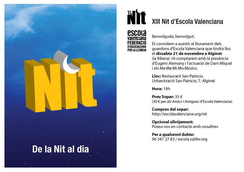Eeeeiiii que dissabte tenim la gran #NIT d'<a href="/escolatv/">Escola Valenciana</a> !! La 13a edició serà a Alginet (Ribera Alta).