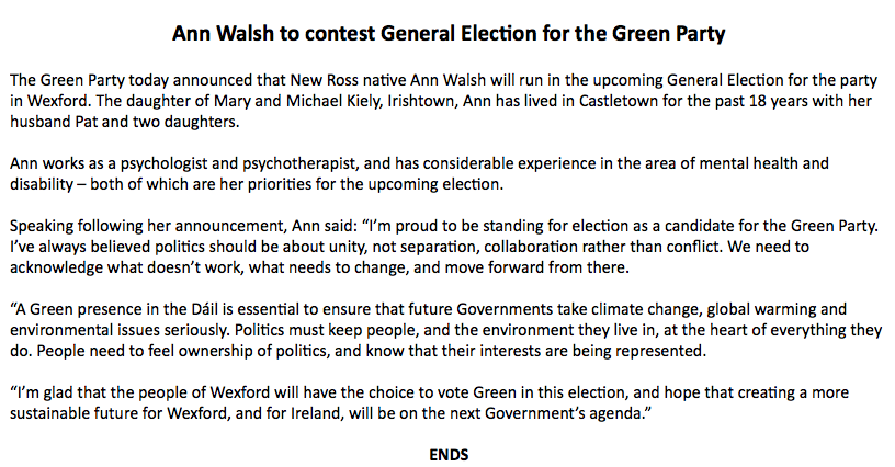 TJ_Politics's tweet photo. The Green Party is running Ann Walsh in Wexford #ge16 https://t.co/xfDqSPjJT7