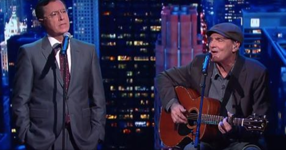 RollingStone's tweet photo. Watch James Taylor sing "Fire and Rain and Calzones" with Stephen Colbert on #LSSC https://t.co/aKUZ973ULs https://t.co/GifS4gWeIt