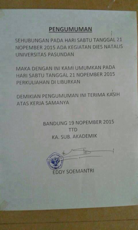 #PENGUMUMAN
Sabtu, 21November 2015 Perkuliahan Di LIBURKAN