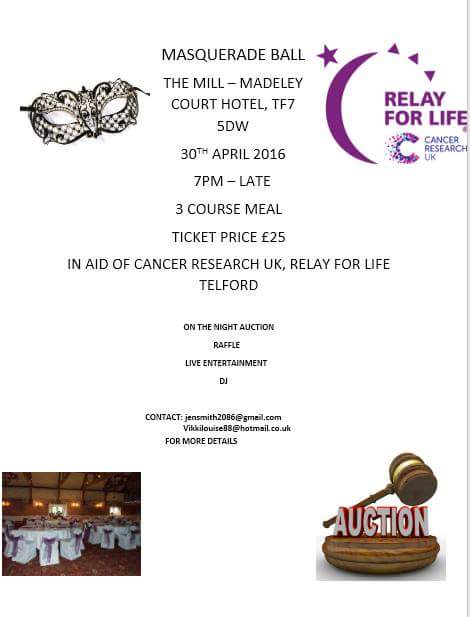RelayTelford's tweet photo. Masquerade ball,  £25pp,  Auction,  raffle,  3course meal,  live entertainment!  RESERVE YOUR TICKET NOW!!  #CRUK https://t.co/myFdjg0Od4