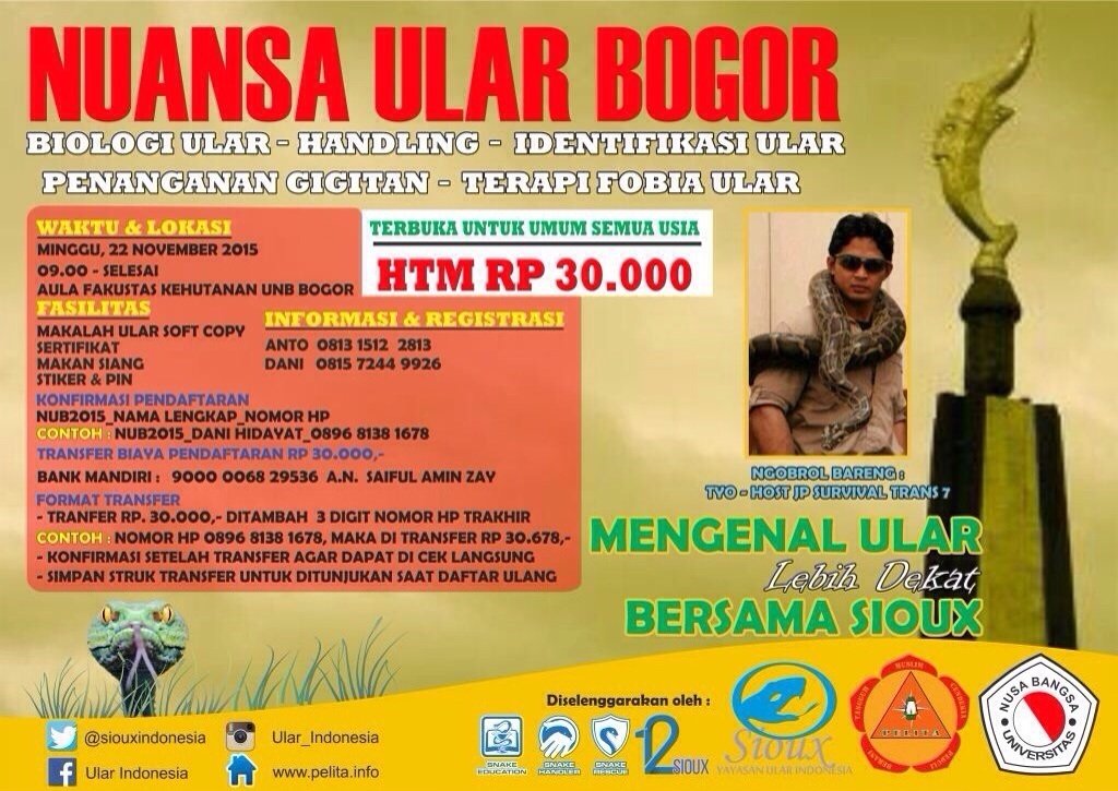 siouxindonesia's tweet photo. Nuansa Ular Bogor | 22 Nov | w/ @TyoJPSurvival | Mengenal Ular Lebih Dekat Bersama SIOUX #NuansaUlar https://t.co/Loo7LUMQn8
