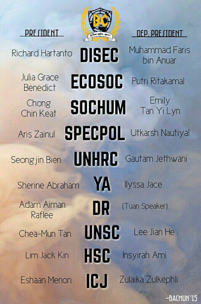 THE LIST OF PRESIDENTS AND DEPUTY PRESIDENTS ARE OUT! Sign up now at bac-mun.org :)
