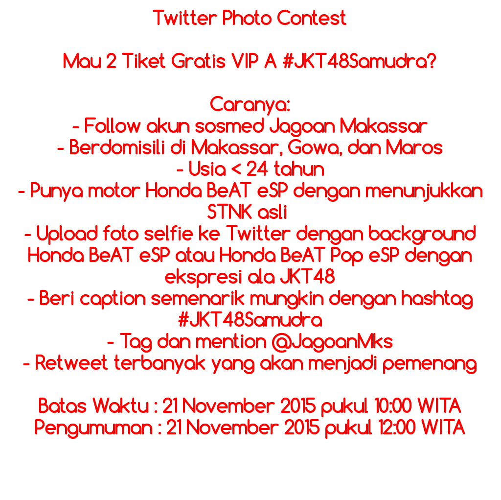 Mau tau caranya menangin 2 Tiket Gratis VIP A #JKT48Samudra? Ini nih. Ada jg 4 Tiket lagi di Facebook dan Instagram😉