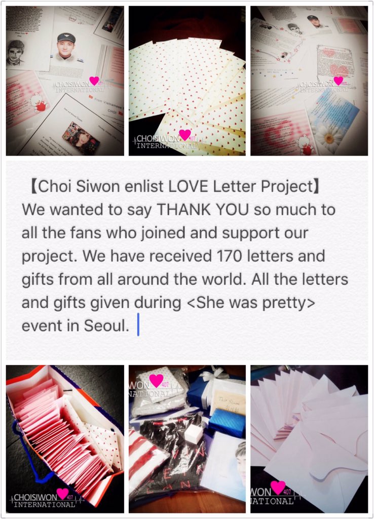 We would like to thanks all the fans who support "#ChoiSiwon Enlist LOVE Letter Project" 💟💟💟 <a href="/siwon407/">S</a>