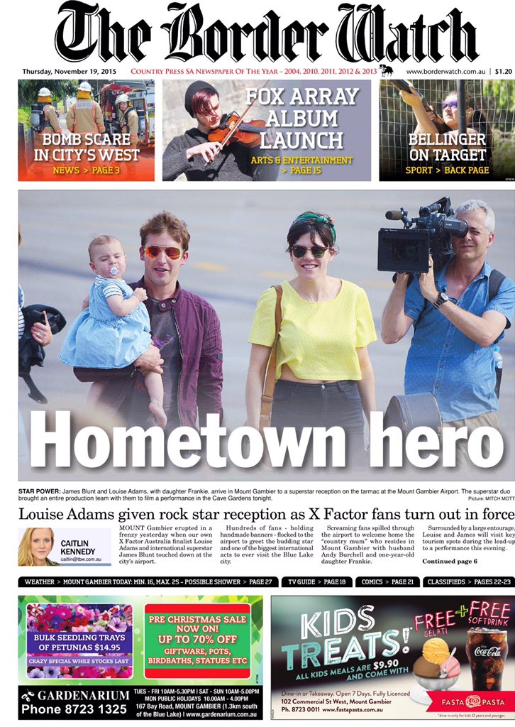 gittisun's tweet photo. #TheBorderWatch: "Hometown hero" https://t.co/NvoC3e3UPq @BorderWatchNews #LouiseAdams #JamesBlunt #xfactorau https://t.co/hrXEXZdAdH