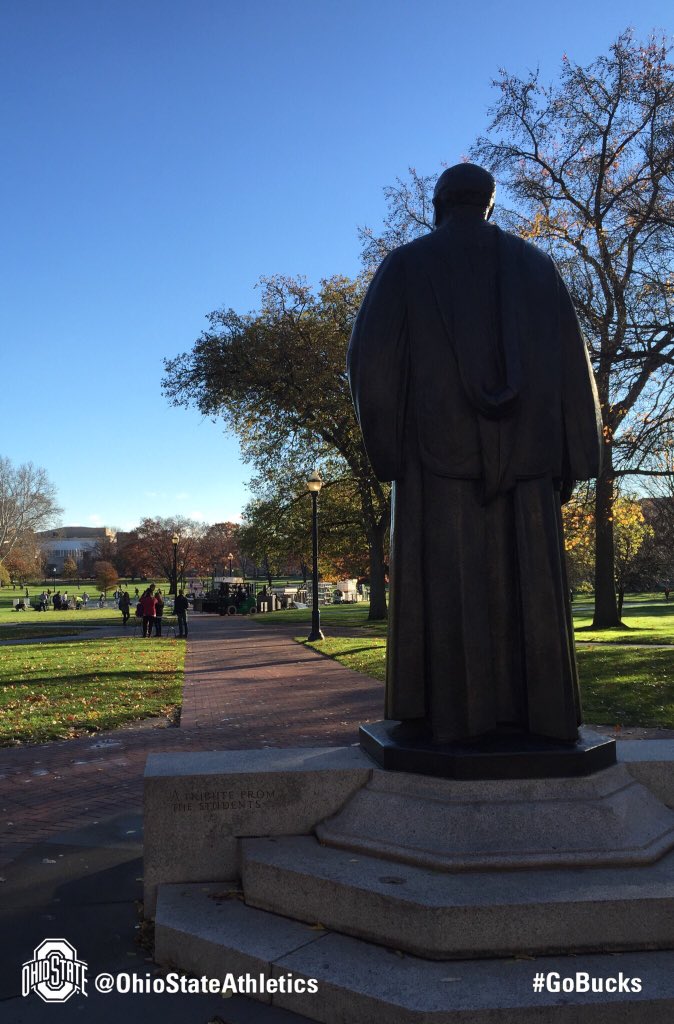 OhioStAthletics's tweet photo. .@CollegeGameDay setup supervised by watchful 👁 of William Oxley Thompson statue here at The Oval #GoBucks https://t.co/QW6ovHOJON