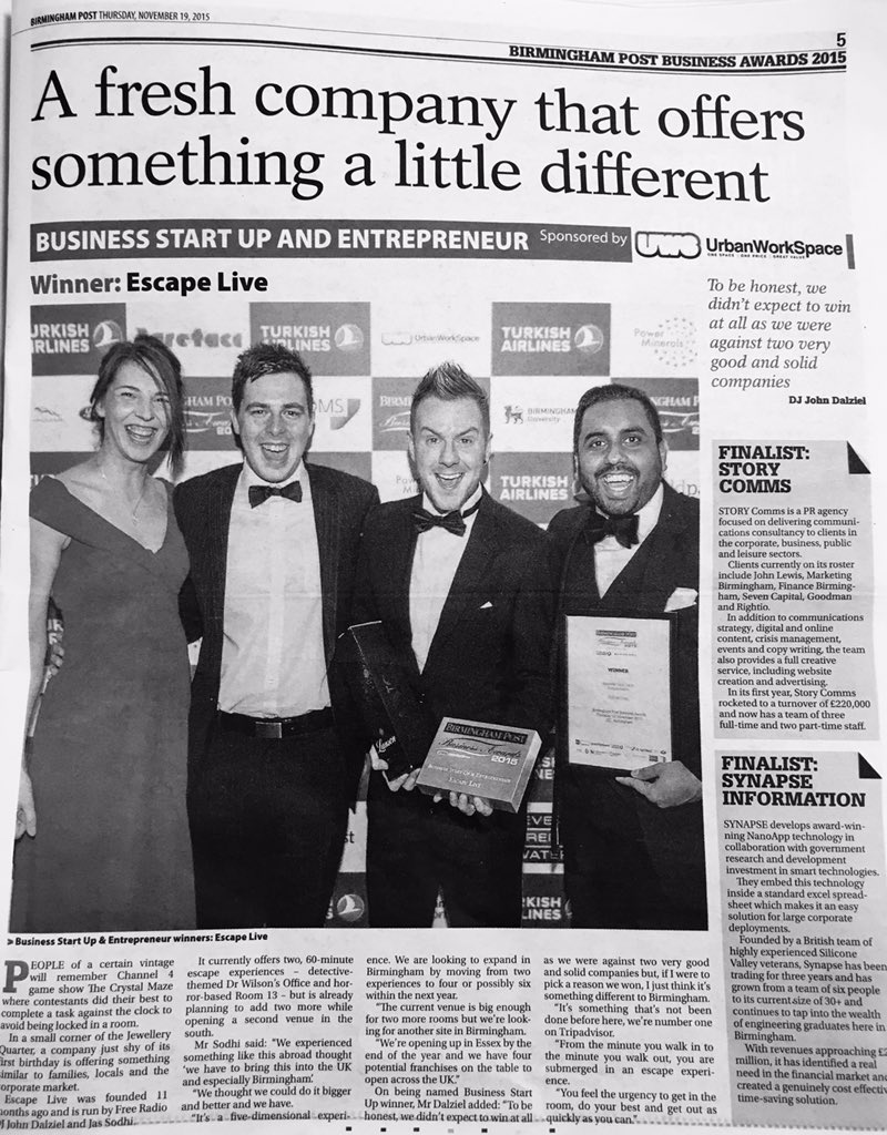 EscapeLiveUK's tweet photo. AMAZING write up in today's @birminghampost! We still can't believe we won! #BPBA2015 https://t.co/WmPWhDuE19