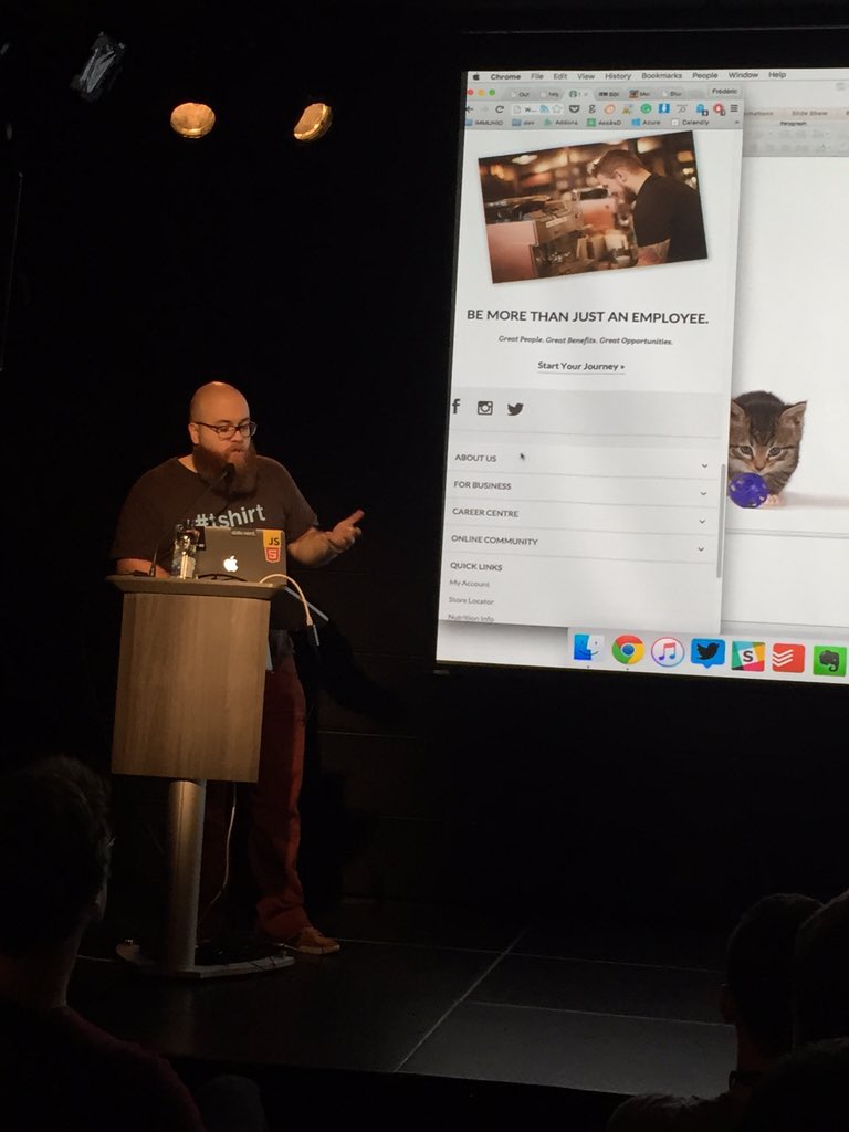 plansmash's tweet image. @fharper talking about responsive design #JSOpenMTL  #catman