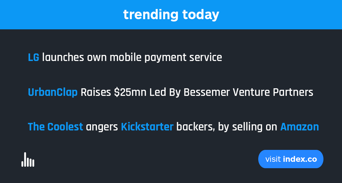indexdotco's tweet photo. Hot today: @LGUS, @urbanclap, @kickstarter & @amazon. Read more on: https://t.co/zgpkFK8CXu
#TrackTech https://t.co/XZ53fZm92S