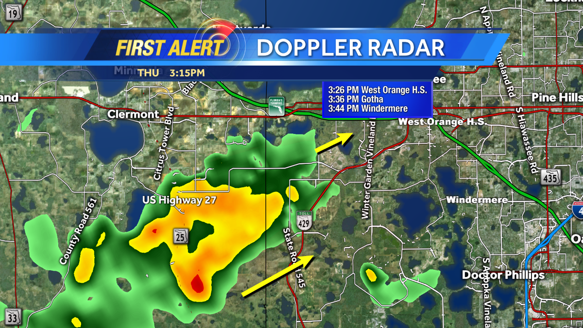 EricBurrisWX's tweet image. Areas near Gotha and Windermere should get ready for arriving rains! Here's a look at arrival times #WESH2Storms