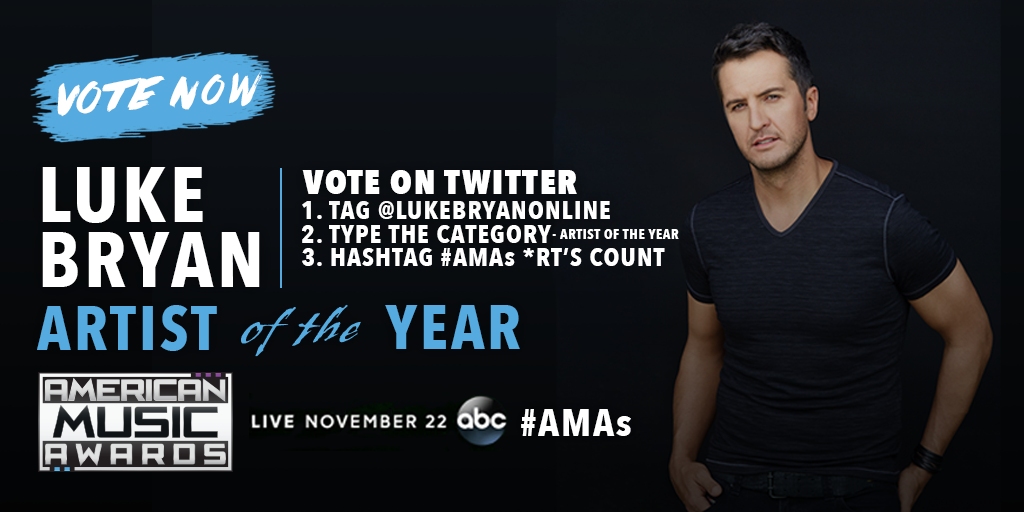 lukebryan's tweet photo. LAST CHANCE TO VOTE for @LukeBryanOnline for the #AMAs Artist of the Year. https://t.co/LCHarbsJwi