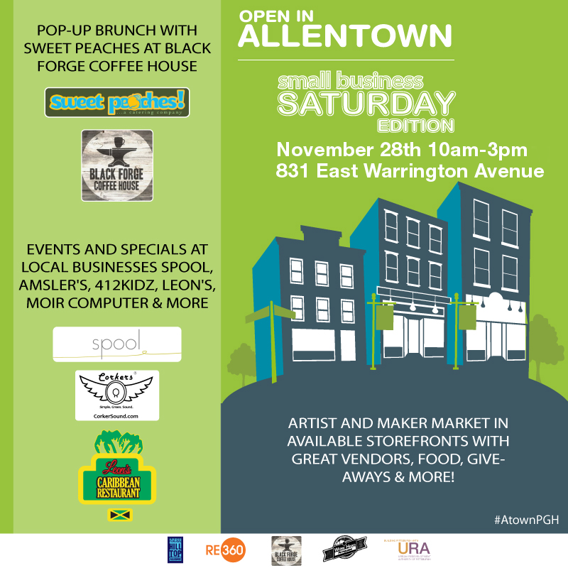 allentownpgh's tweet photo. Come to #atownpgh to #shopsmall Sat., November 28! Great stores, food, coffee, a maker market, a DJ and giveaways! https://t.co/oEydfrTkw9