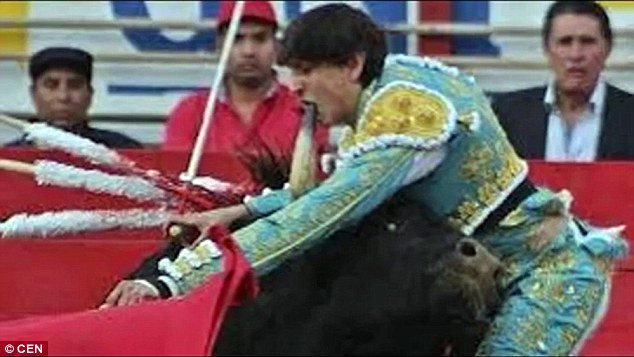 DailyMail's tweet photo. Matador loses two front teeth when bull shoves horn into his mouth https://t.co/MuedMaxAK1 https://t.co/6vMUvbOAOs