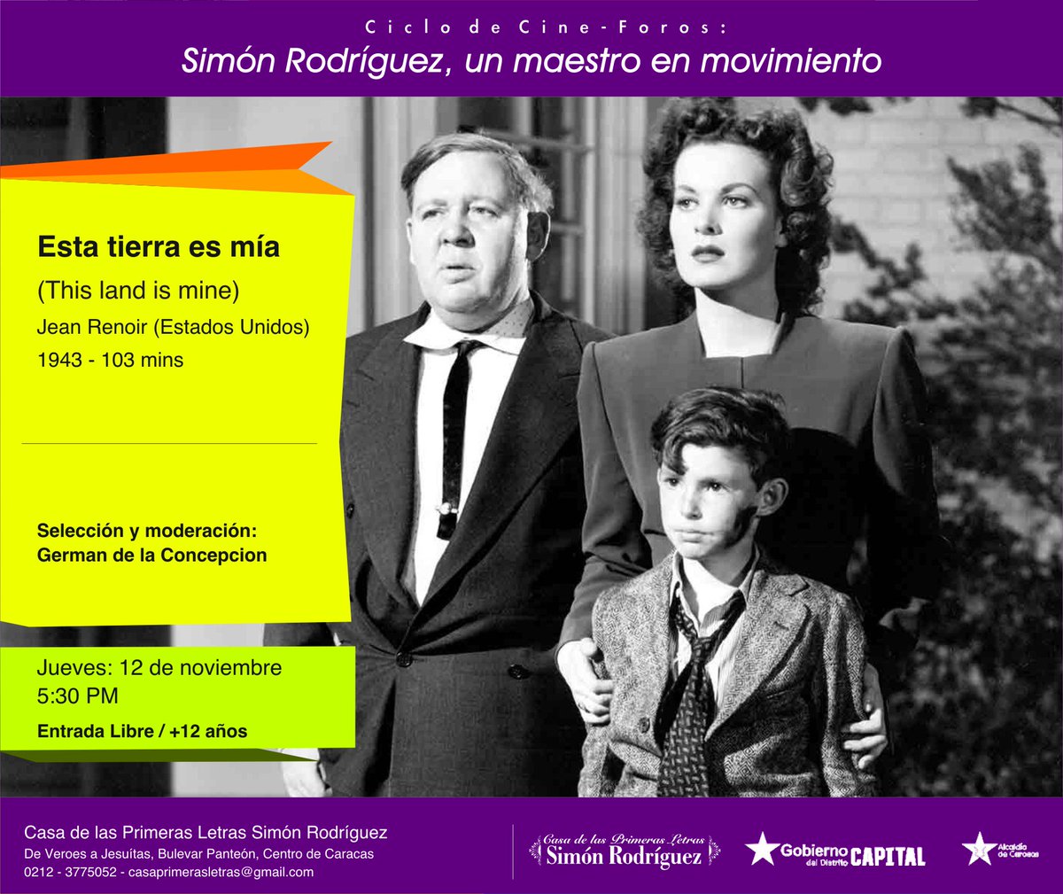 #NotiSapiens #HOY JUEVES #19Nov / CineForo: Obra Maestra de Jean Renoir "Esta Tierra es Mía" / <a href="/Recomendao/">Recomendao</a> <a href="/ccstqqj/">Caracas Te Quiero</a>
