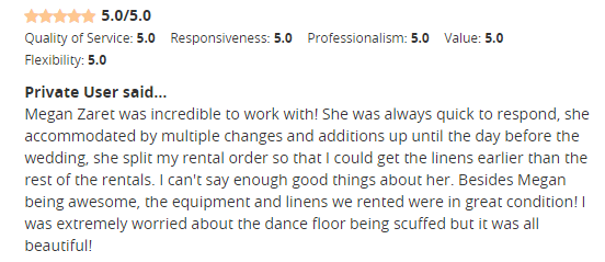 Look at this awesome review we got on WeddingWire yesterday! This is a shout out to Meagan for making us proud.