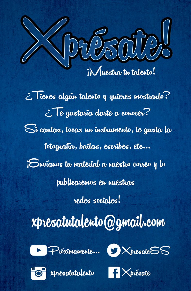 XpresateES's tweet photo. ¡Bienvenidos a Xprésate! Envíanos tu material a nuestro correo xpresatutalento@gmail.com https://t.co/M7b78zNXyb