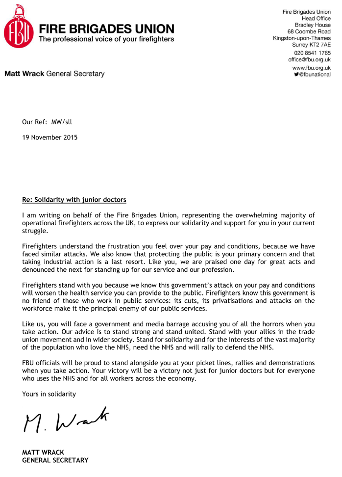 Incredibly moving letter of solidarity from the Firefighters for #Juniordoctors.  Thank you.