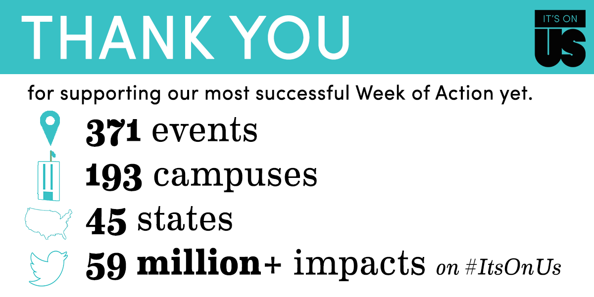 ItsOnUs's tweet photo. Thank you to everyone who hosted or attended an #ItsOnUs event last week. Your work makes the campaign possible! https://t.co/pCbXw9dIeH