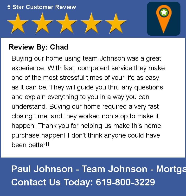 TeamJohnsonSD's tweet photo. Review By: Chad Buying our home using team Johnson was a great experience.  With fast, competent service they make o https://t.co/pvWWQl6sVf