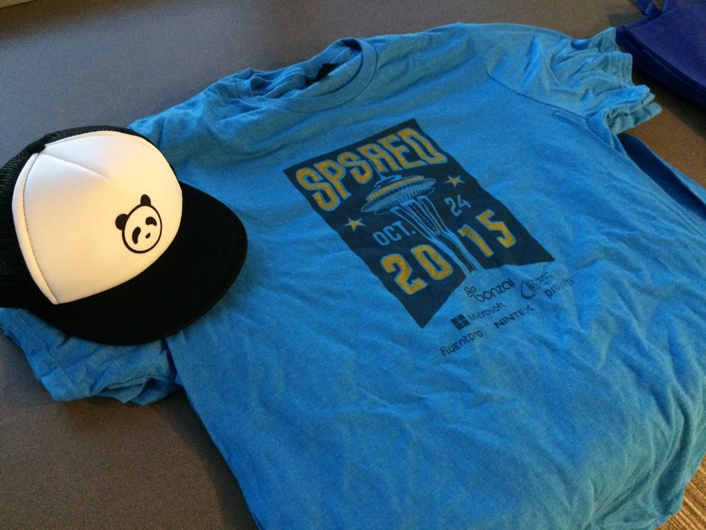 buckleyplanet's tweet image. Giving out #SharePoint Saturday Redmond t-shirts and a @ContentPanda hat at #PSSPUG tonight