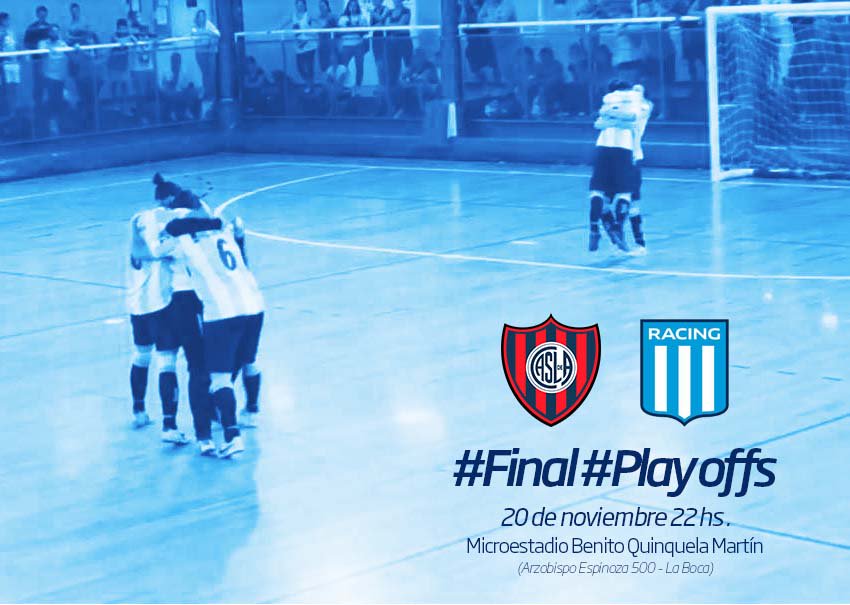 RacingFutsalFem's tweet photo. #Playoffs #FINAL: #SanLorenzo vs. #Racing. Viernes 20/11. 22 hs en A. Espinosa 500, la Boca. ¡Los esperamos! https://t.co/pGa5mUJE3o
