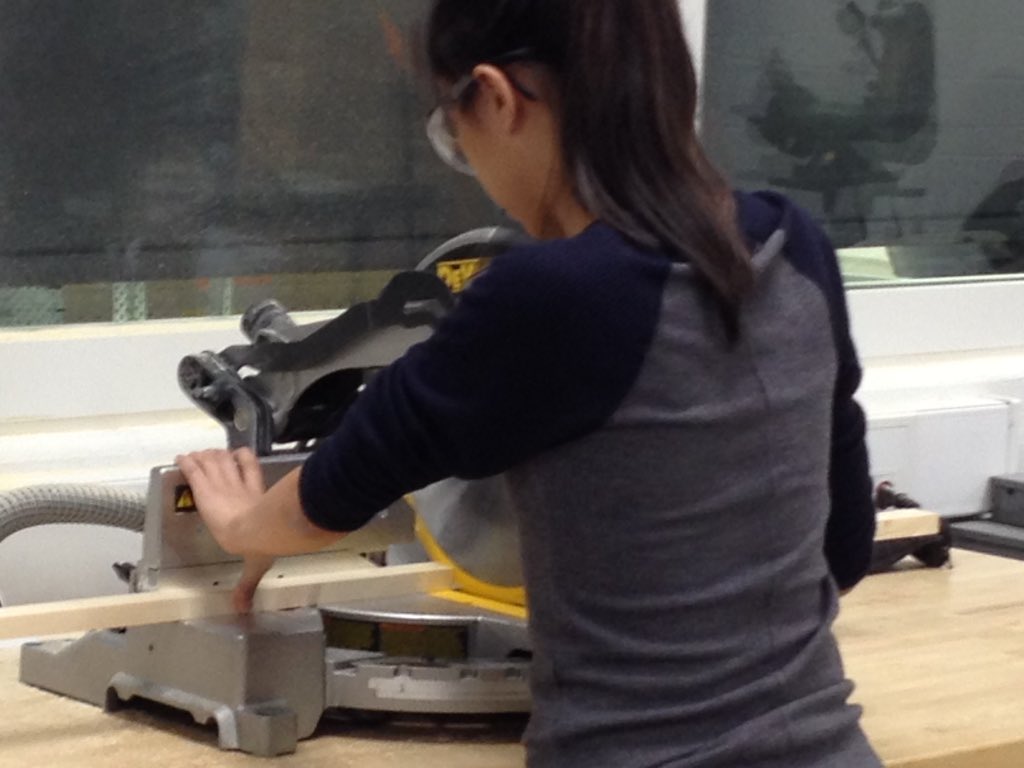 JAKasner's tweet photo. learning how to use the miter saw for the edges of our penny hockey boards #pltw #stemlc https://t.co/vqWi6EGMyq