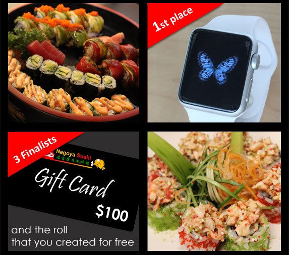 NagoyaSushiInc's tweet photo. Master Sushi Roll Contest! Enter for a chance to win an iWatch! https://t.co/KnJDW03Q3s https://t.co/80rWs8SXFM