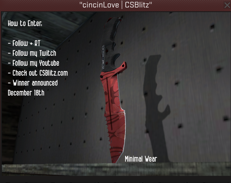 CinCinBear's tweet photo. New Monthly Knife Giveaway!!
Follow + RT
Follow @playcsblitz 
Good Luck to Everyone! :D 
Winner announced Dec 18th. https://t.co/6PFVcPNQTI
