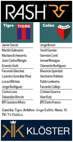 #Tuitequipo A las 19, en Victoria, #Tigre v #Colon Dirige Baliño <a href="/TV_Publica/">TVP</a> <a href="/RashJeans/">Rash</a> <a href="/klosterjeans/">Kloster Jeans</a>