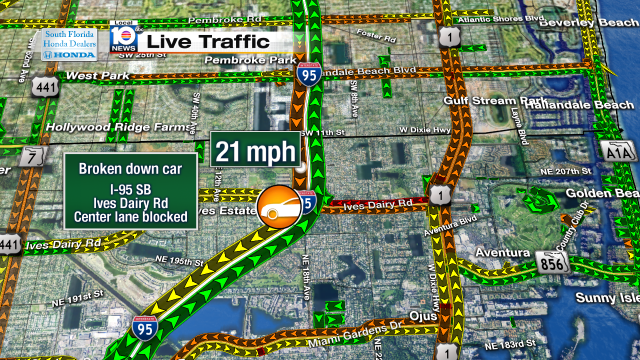 Broken down car blocking center lane on I-95 SB at Ives Dairy Rd. Speeds at 21mph #traffic #miami https://t.co/XyDPwzCVRB