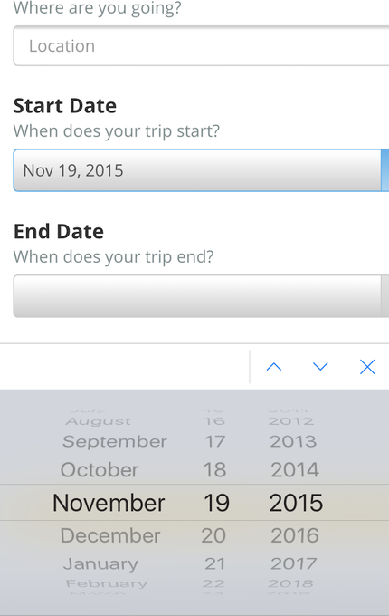 Coolest discovery today: HTML5 <date> tag auto formats a date picker for web, iOS and Android with no<a href="/tag/seethemomentwhen"class="tags"><span>#seethemomentwhen</span></a>