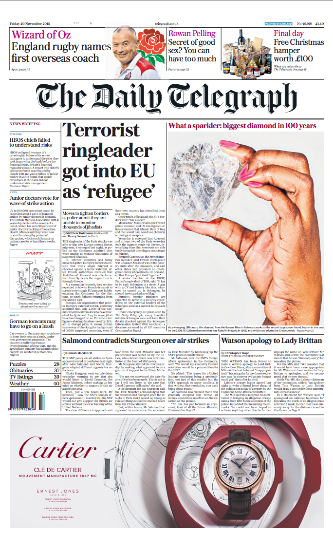 Telegraph's tweet photo. Tomorrow's Daily Telegraph front page: Terrorist ringleader got into EU as 'refugee' https://t.co/tahg0AC3e0