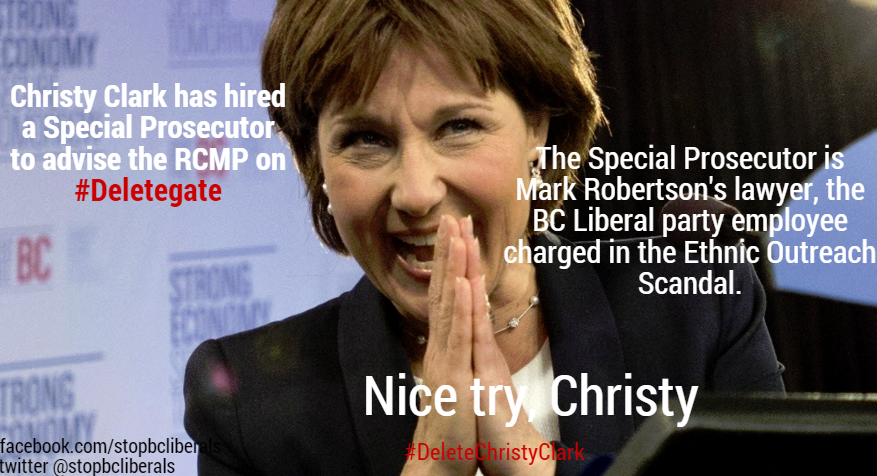 letsgoBC's tweet image. Christy Clark has appointed a Special Prosecutor to &quot;investigate&quot; #DeleteGate.
#bcpoli