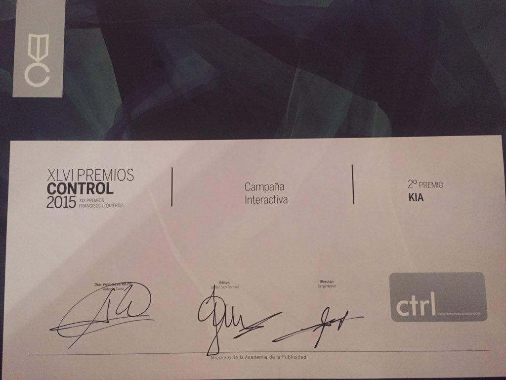 KiaEspana's tweet image. RT @RICARDODEDIEGO: #premioscontrol gracias por el premio! @kiamotorsiberia 2 premio mejor campaña interactiva 2015
